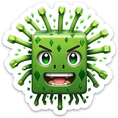 A green pixelated creeper from Minecraft, with a menacing grin and explosive particles around it, in a simple emoji style. sticker