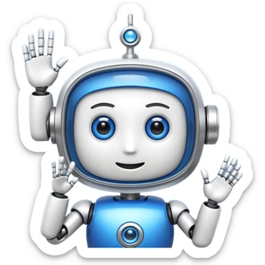 robo azul e branco sorrindo e piscando com um olho só, fazendo um sinal de posito com uma das mãos sticker