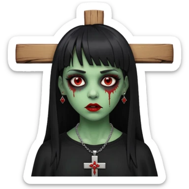 zumbi verde com olhos vermelhos sangrando e franja roupa preta e um crucifixo como colar, sem ser na testa e um piercing no nariz bem feminino a franja reta também  sticker