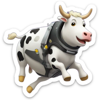 side-on view of cow flying to space while wearing a jetpack with legs being pushed back by the wind sticker