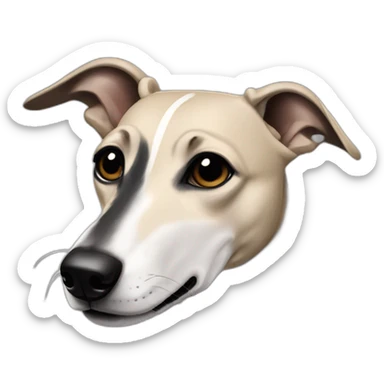 a beige whippet with a dark snout, black and white mouth and black angel wing like eyes sticker