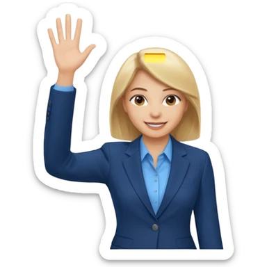 Make emoji of business woman with light skin and medium blonde hair in a dark blue business suit and light blue shirt waiving to new clients sticker