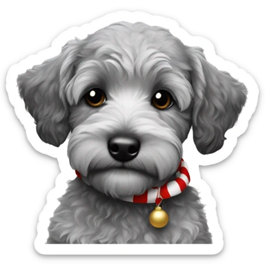 A schnoodle Christmas puppy that is grey with black patches sticker