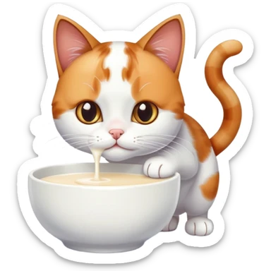 Eine Katze auf einem weißen Holzboden trinkt aus ihrem Milchnapf und hat an ihrer Nase einen Milch tropfen sticker