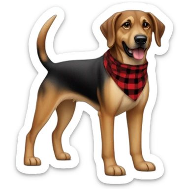 adult 75% Coonhound 25% German Shepherd mix dog with visible tail wearing small pointed red buffalo plaid bandana full body walking left quickly sticker
