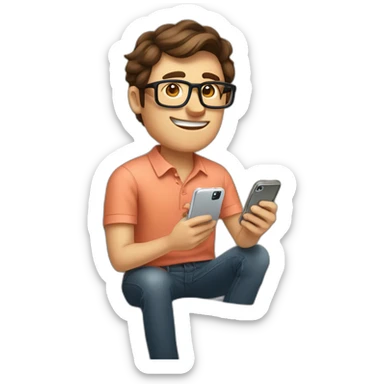 man with brown hair, octagonal glasses, and salmon colored shirt sitting on the toilet, holding both a phone and a cocktail. Sitting on the toilet in the bathroom sticker
