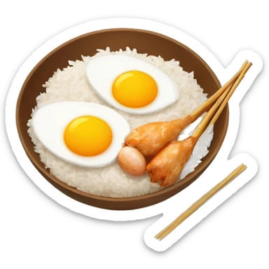 a bowl of rice with two eggs and two chicken drumstick on top sticker