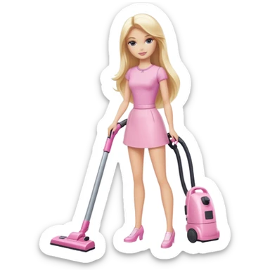 A white Barbie girl with long blonde straight hair in pale pink-colored clothes vacuums sticker