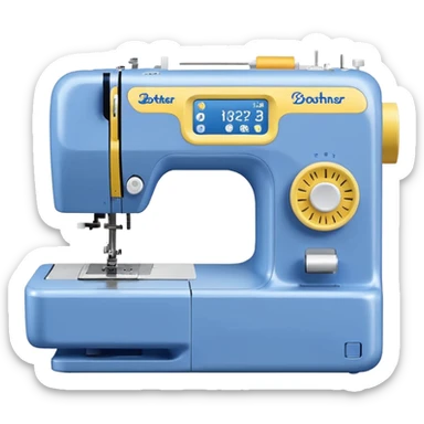 Modern Brother-style computerized sewing machine emoji, white and this yellow #FFB31E and light gray with a blue thread spool, small LCD screen and round dial, three-quarter view, soft gradients and shadows in Apple emoji style, plain light background. sticker