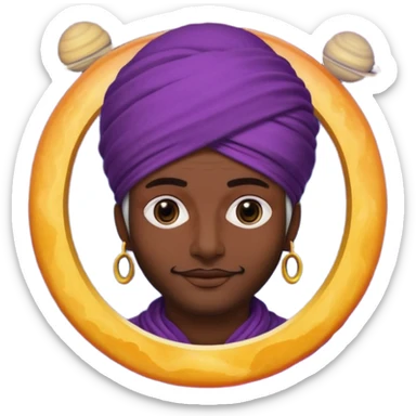 A bold emoji-style illustration with Saturn 🪐 as the dominant element, clearly showing its bright rings. Inside the planet, a stylized man wearing a colorful turban 👳🏾‍♂️, depicted as a mystical or adventurous character, sitting or floating within Saturn, integrated with the planet’s texture. sticker