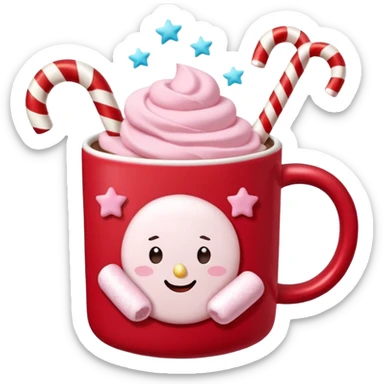 hot chocolete with pastel pink marshmallows in red christmas mug with stars and candy cane, trendy aesthetic sticker