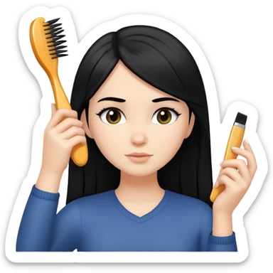 Una chica blanca con pelo negro lacio cepillándose el pelo sticker