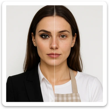 4K hyper realistic split-image: beautiful woman, left side with dramatic office makeup and attire, right side natural, homemaker apron, white background, clear contrast, symmetry. sticker
