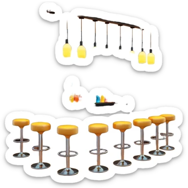 A 3D cartoon bar interior with a counter, glowing shelves of colorful bottles, tall stools, and hanging lights, warm ambient lighting, realistic reflections, Memoji-style. Photo Frame. Negative : Transparent. sticker