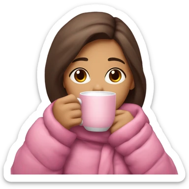 Brunette brown eyed girl sipping hot cocoa with pink warmclothes sticker