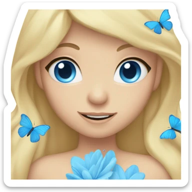 Face with blonde hair blue eyes butterflies and holding a blue heart sticker