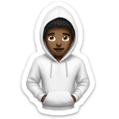 A black man with Afro in white hoodie and one eye sticker