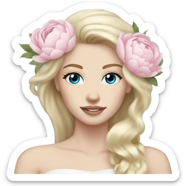 White bride with long light blonde hair and blue eyes with light pink peonies in hair white skin  sticker