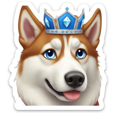 red siberian husky with blue eyes wearing a crown sticker