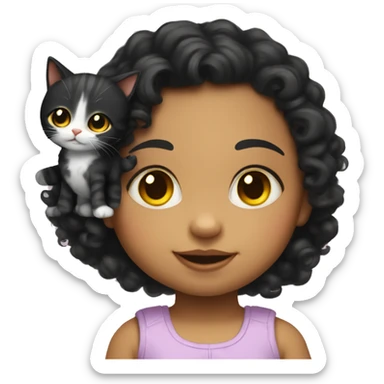 baby girl with shoulder-long black curly hair with yellow highlights and hold a cat sticker