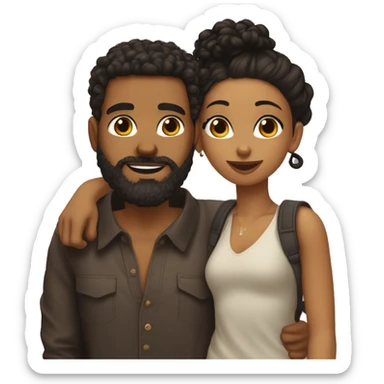 Tan man with dark brown man bun with taper fade and full beard giving dark brown curly haired thick tan woman a kiss sticker