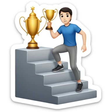 UN HOMBRE DE PIEL CLARA Y PELO OSCURO SUBIENDO ESCALERAS PARA ALCANZAR UN TROFEO QUE ESTA EN EL ULTIMO ESCALON sticker