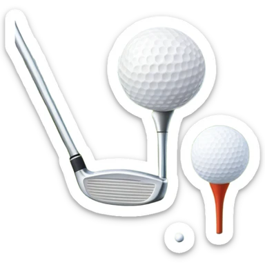 A golf ball on a tee with a golf club placed beside it, set against the backdrop of a well-manicured green golf course. The scene emphasizes the equipment and serene atmosphere of the sport, with soft lighting and a peaceful, open landscape sticker