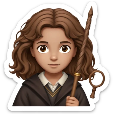 Hermione Granger from Harry Potter with bushy brown hair and wand sticker