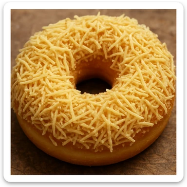 a donut with shredded cheese topping covering the entire surface, detailed, realistic sticker