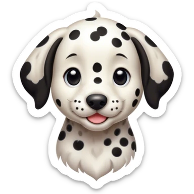 Cinematic Cute Spotted Dalmatian Portrait Emoji, Head tilted playfully and inquisitively, featuring a glossy Fur of predominantly white with dynamic black patches, round, sparkling eyes filled with gentle curiosity, Simplified yet irresistibly adorable features, highly detailed, glowing with a warm, friendly glow, high shine, affectionate and gentle, stylized with a touch of whimsy, bright and endearing, soft glowing outline, capturing the essence of a mischievous yet loving pup, so playful it feels like it could lumber out of the screen and into your arms! sticker