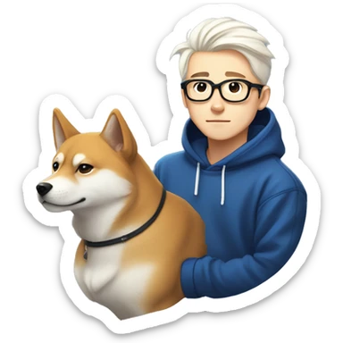 A young guy long white hair pulled back into a ponytail and white skin and black-framed glasses and nose piercing wearing blue hoodie with Shiba Inu dog next to him sticker