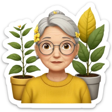 Abuela con arrugas, cabello canoso blanco en moño, expresión tierna, gafas redondas, suéter amarillo y detalles relacionados con plantas. Estilo amable y acogedor. sticker