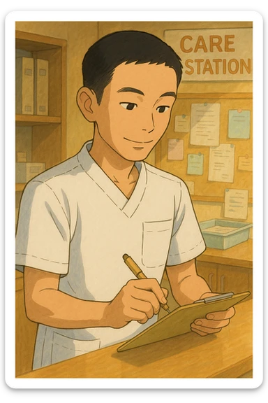 Étudiant infirmier en style Ghibli, travaillant dans un poste de soin, portant un uniforme blanc à manches courtes sans pied de col ni stéthoscope, haut de type tunique médicale avec col en V et poche poitrine à gauche, pas de tissu dépassant des manches, inspiré de la personne sur la photo, ambiance chaleureuse et collaborative. sticker