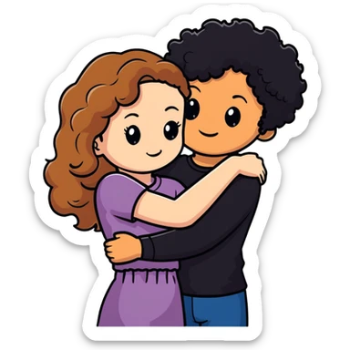 girl with long light brown hair and pale skin hugging a boy with short black curly hair and tanned skin sticker
