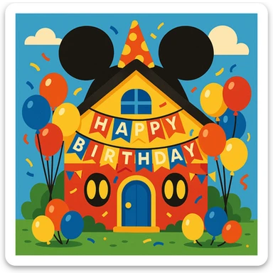 Mickey Mouse themed birthday house, decorated with balloons and party banners, festive cartoon style sticker