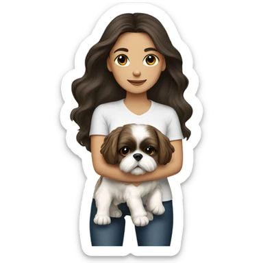 Young dark brunette hair woman with a golden shih tzu in her arms long hair sticker