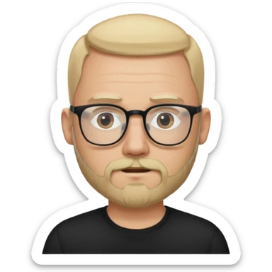 bald bearded blonde bald man with eyeglasses with black shirt sticker