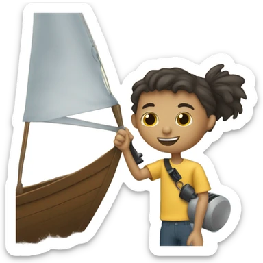 boy using hair dryer to dry sail of boat sticker