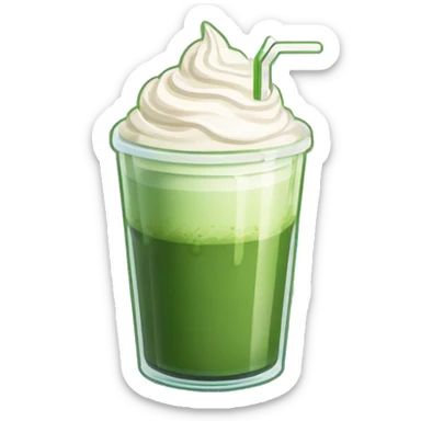 a plastic glass of matcha latte with whipped cream and green tea on top
 sticker