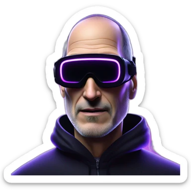 Steve Jobs wearing a black hoodie with "OMG" letters on it and VR headset in a cyberpunk VR environment with violet neon lighting. sticker