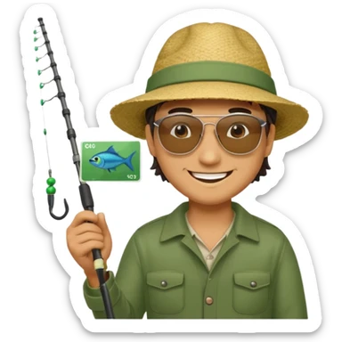 A man holding a fishing rod with a green card on the hook sticker