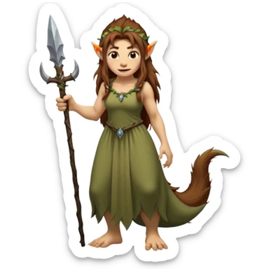 Norwegian forest mountain troll lady, Huldra, brown beautiful hair, pointy ears, long dress, long tufted tail, sharp teeth (full body) sticker
