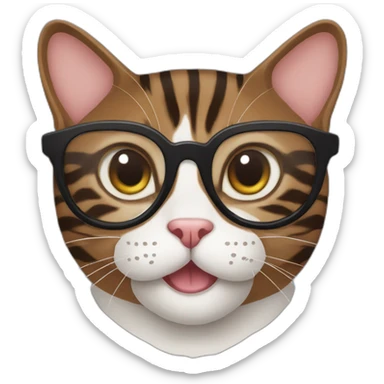 Striped wenge domestic shorthair cat head with white mouth wearing glasses sticker