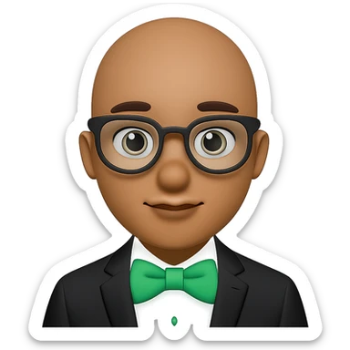 Change the man's hair to bald, keep the man with green bow tie, in apple emoji style, with no background. sticker