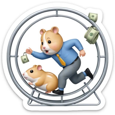 Create an emoji of a tired, overworked entrepreneur running on a hamster wheel, chasing a floating dollar sign or a bag of money. The character has dark circles under their eyes, looks exhausted, and appears stuck in an endless cycle. The hamster wheel represents constant struggle, while the money is always just out of reach. The style should be clean and easily recognizable as an emoji

 sticker