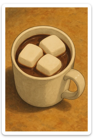 birds eye view of realistic hot chocolate white mug with three big marshmallows in it sticker