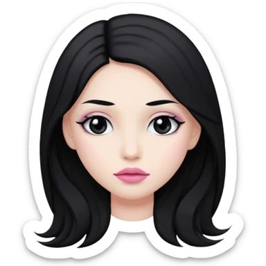 hair long black normal hair with black eyes, and white skin, white pinkish lip  sticker