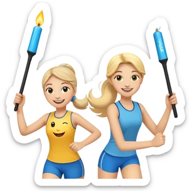 Show two happy team members passing a bright baton in a relay race. One girl, young woman and a young man with all sorts of happy smiley emojis in the air.  Add the words Rejuvenation Break at the top in fun lettering. Show the baton, even bigger with both smoothly connecting to it.  sticker