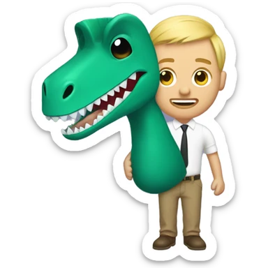 Blonde, balding man, with a dinosaur sock puppet on his hand sticker