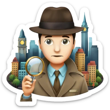 Icon for Detective Movies: A colorful collage featuring iconic detective elements—magnifying glass, a fedora hat, a cigarette, a shadowy figure, and a mysterious city backdrop. Include subtle clues like fingerprints or a crime scene. Retro movie poster style. Transparent background. sticker